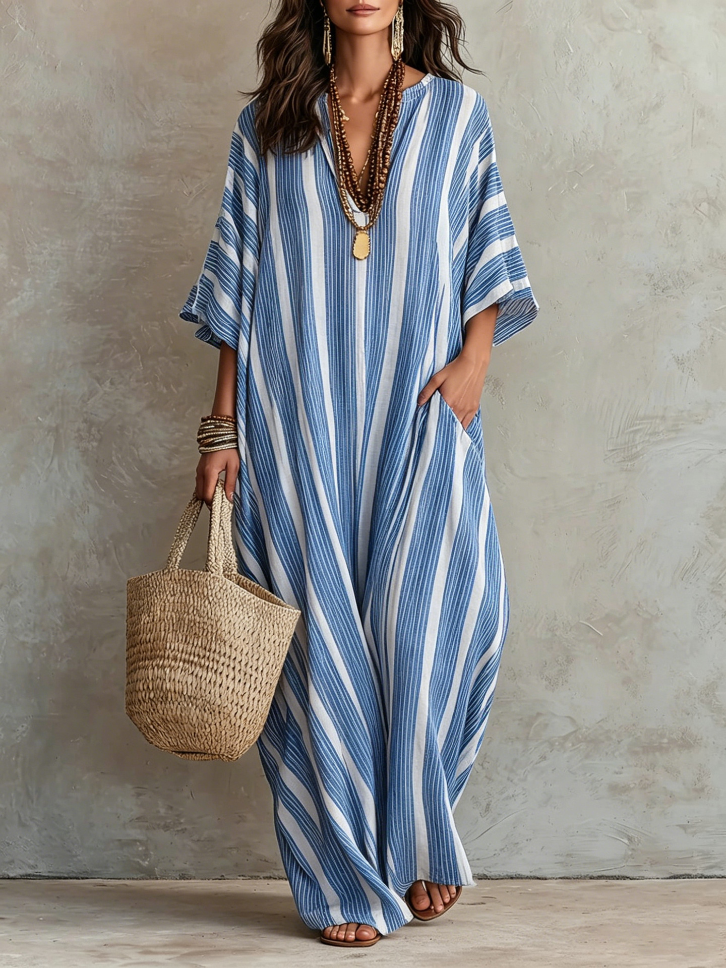 Striped Print A-Line Maxi Dress with Pockets