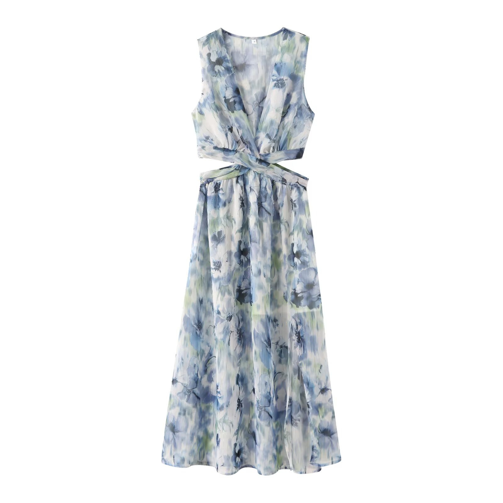 Women's Cutout Waist Printed Midi Dress with Lapel Collar