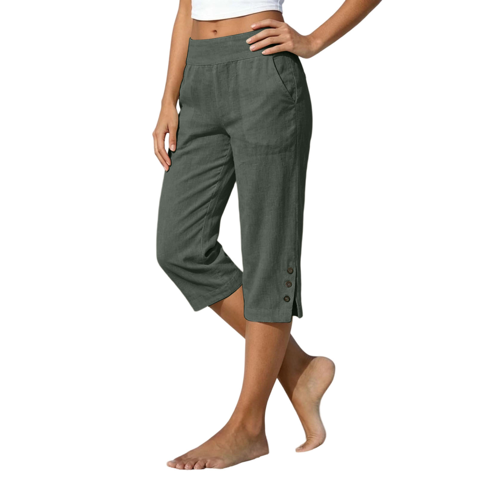 2026 Summer Women's Cotton-Linen Capri Pants High Waist Loose Straight Leg Slit Button Casual Pants Cross-Border Women's