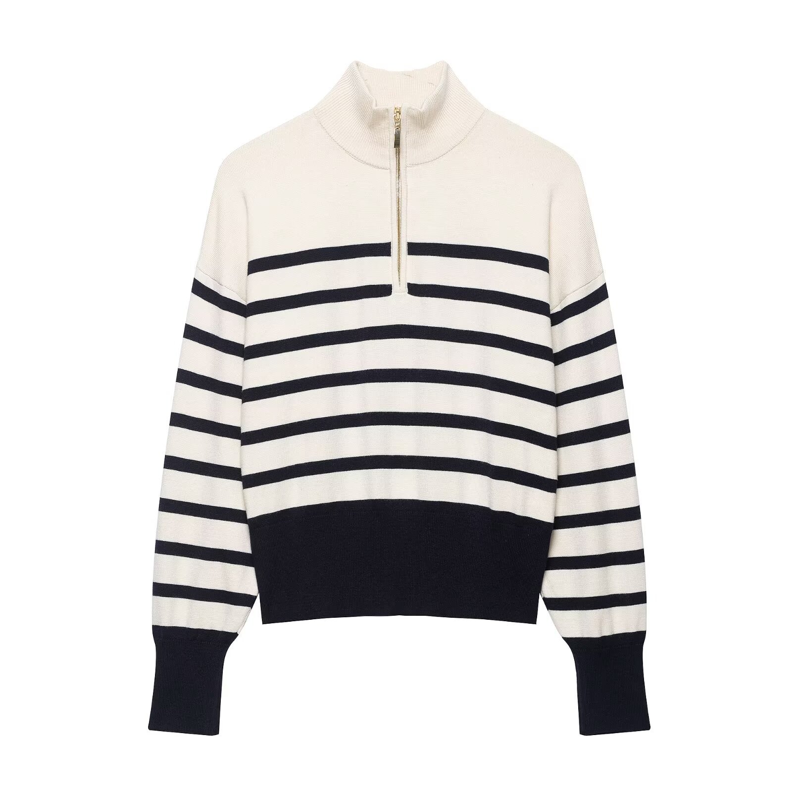 Women's Striped Color-Block Stand Collar Knit Pullover