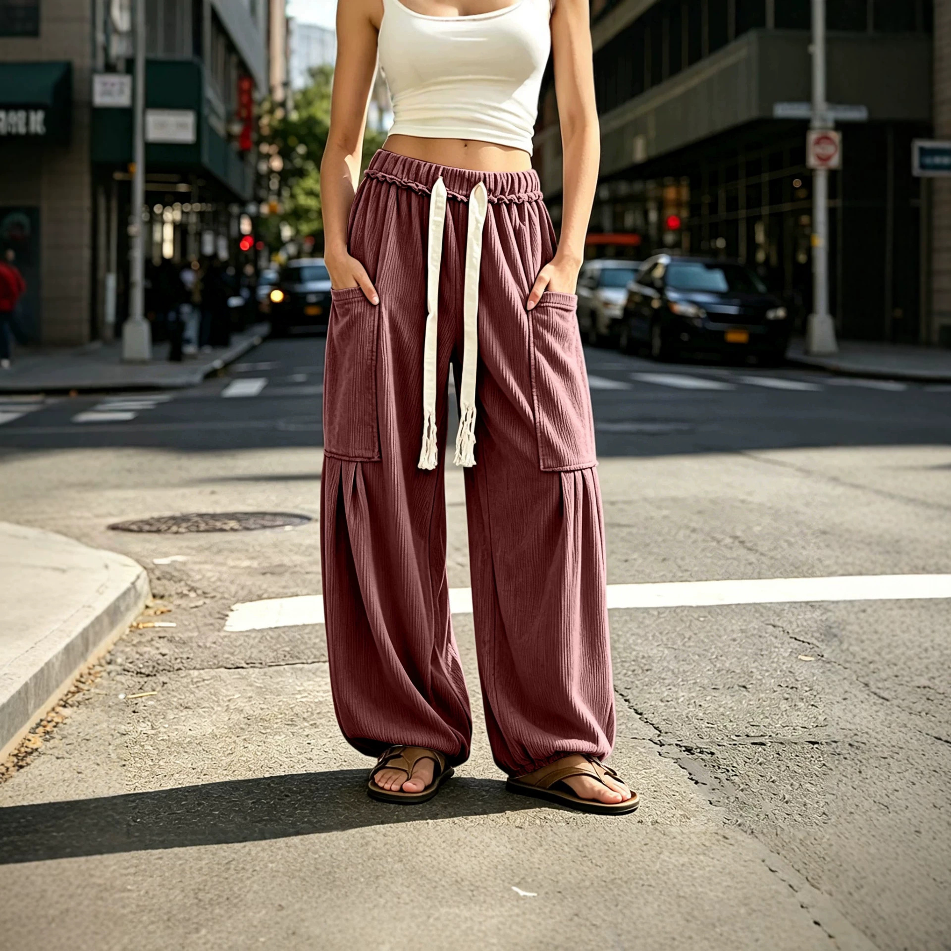 Women's Corduroy Cargo Pants Drawstring Elastic Waist Multi-Pocket Loose Tapered