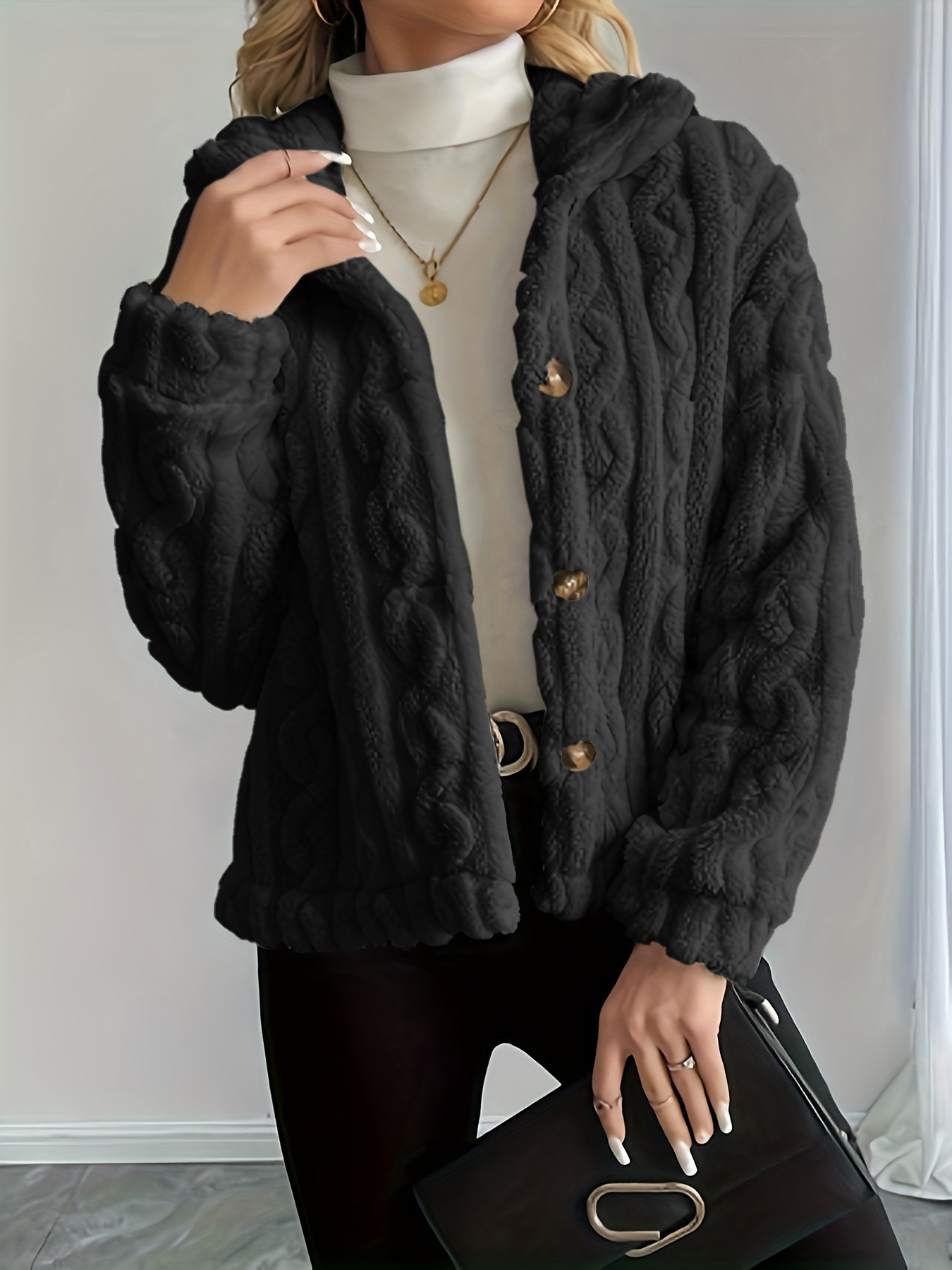 Double-Sided Fleece Cable-Knit Women's Jacket Cozy Warm Button-Up Coat