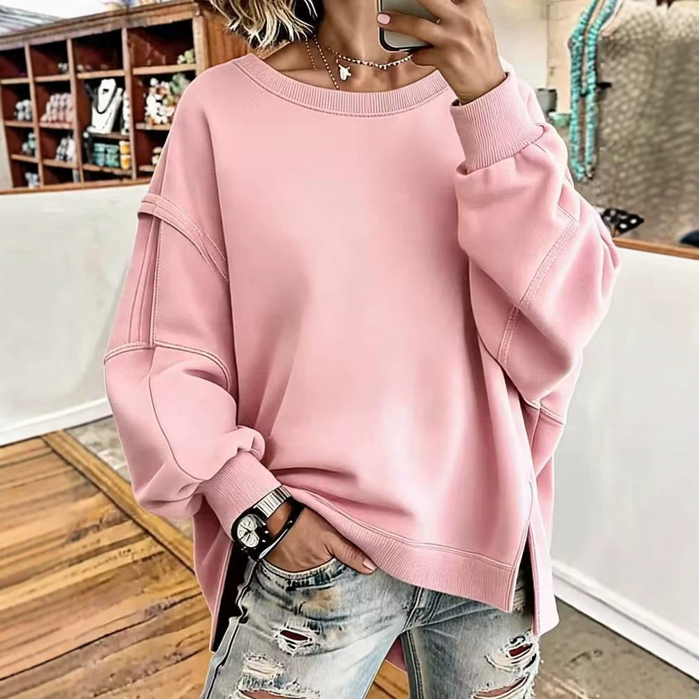 Women's Loose Crewneck Sweatshirt with Spliced Drop Shoulder Long Sleeves