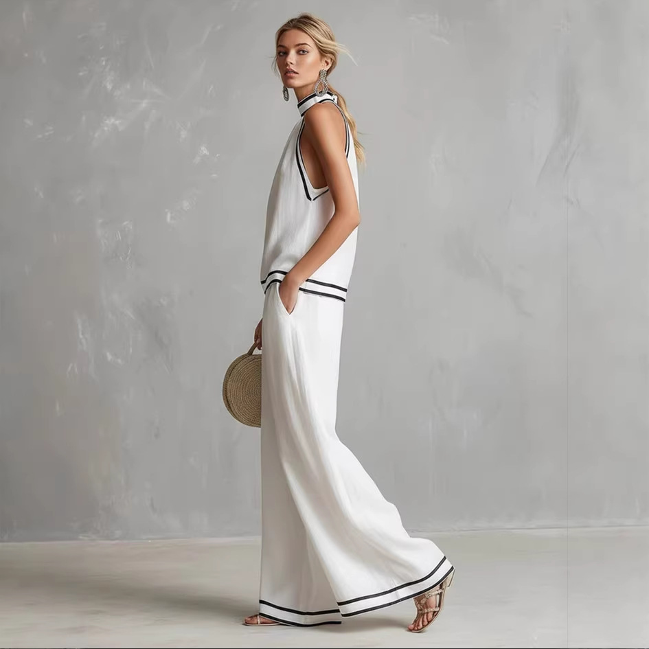Striped Halter Sleeveless Wide-Leg Two-Piece Set