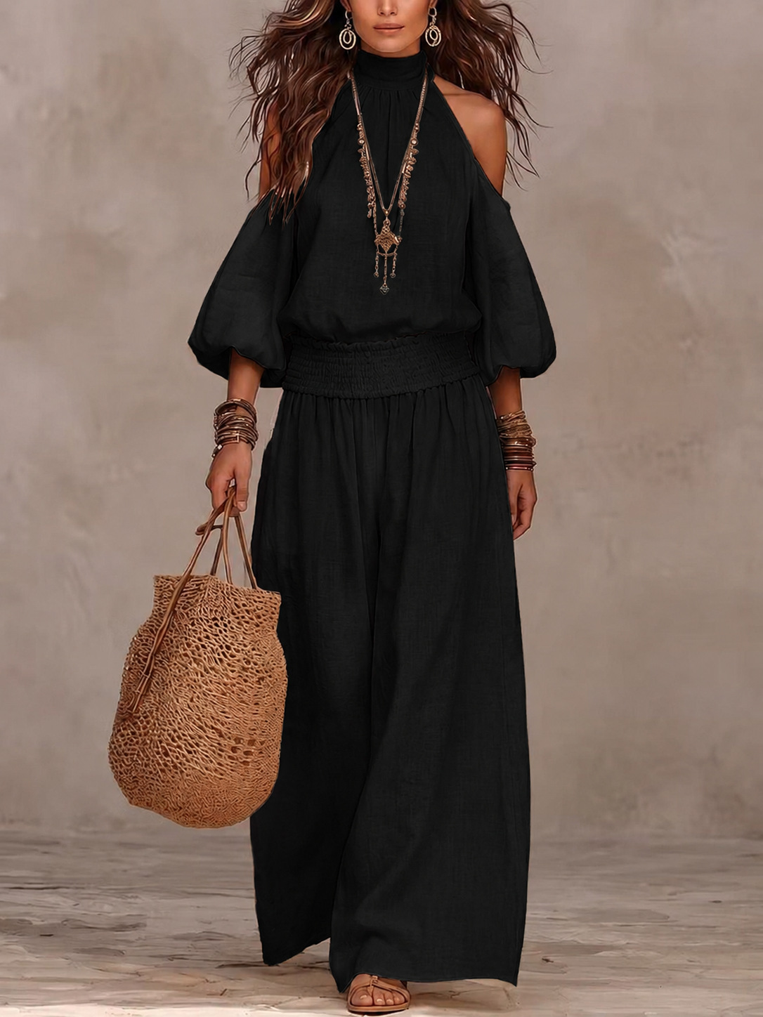 Women's Casual Crewneck Long Sleeve Cutout Top and Smocked Wide-Leg Pants Set