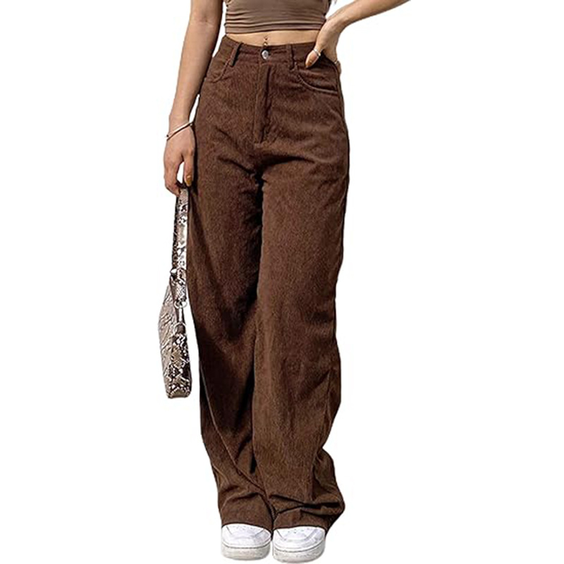 Women's High-Waist Corduroy Wide-Leg Straight Pants Solid Casual