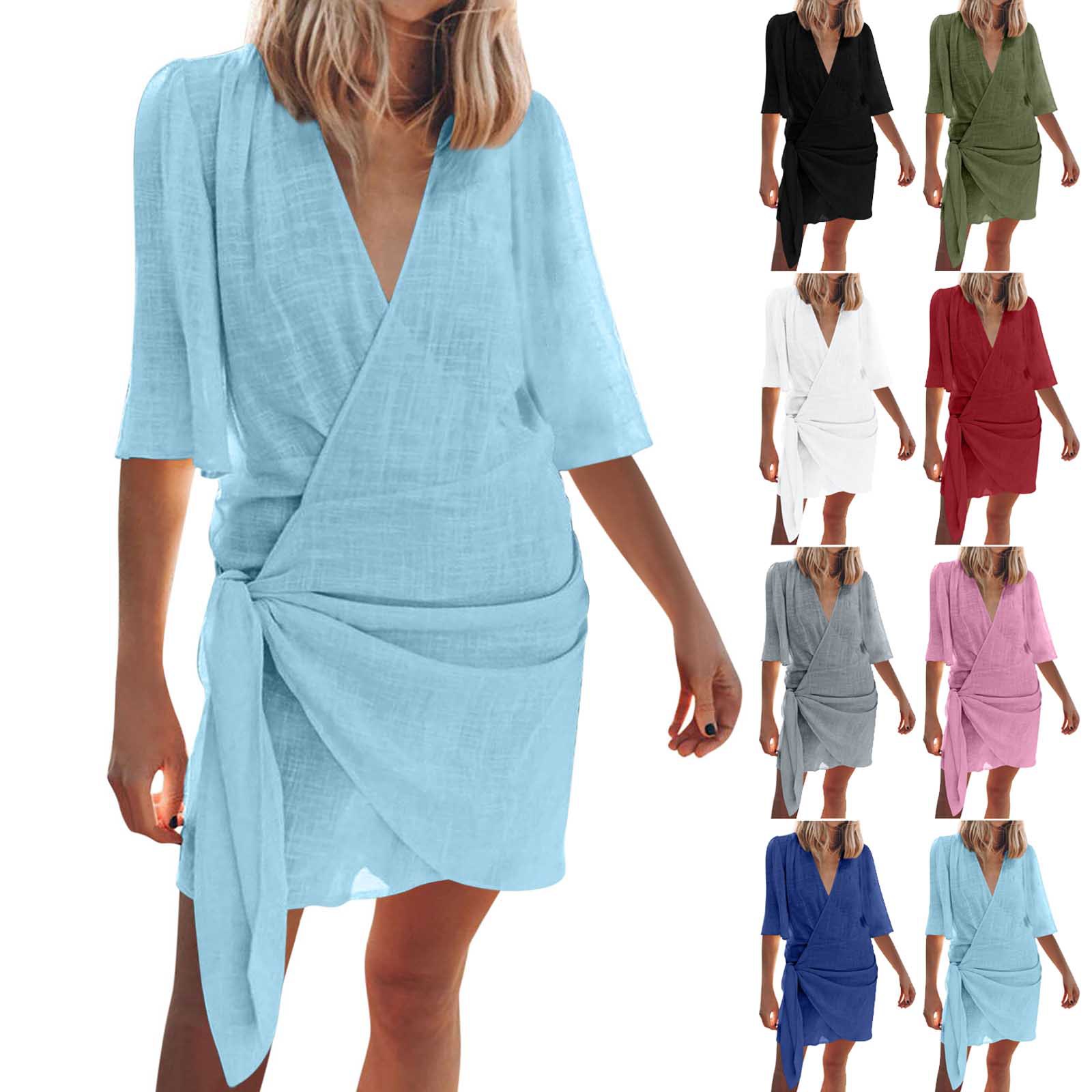 Women's Cotton Linen Cross V-Neck Short Sleeve Casual Dress