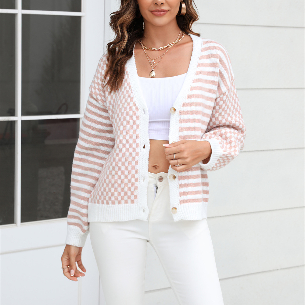 Plaid Striped Color-Block Knit Cardigan Sweater