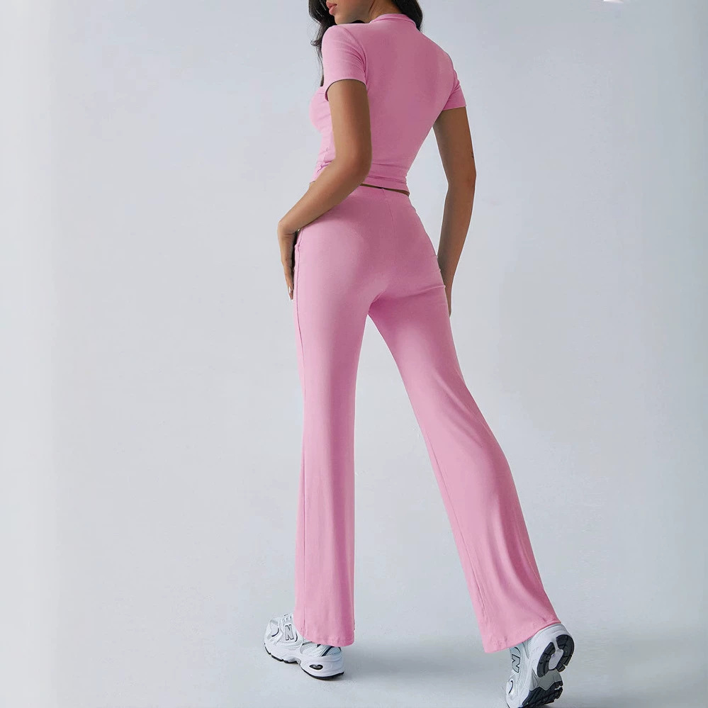 Women's Casual Solid Color Round Neck Short Sleeve Top and Long Pants Set