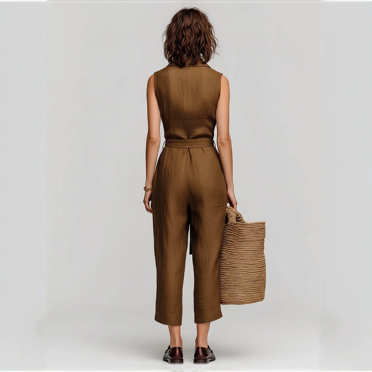 Sleeveless V-Neck Belted Wide-Leg Cropped Jumpsuit