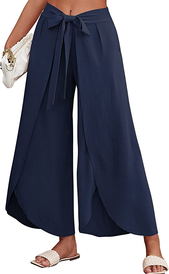 Boho High-Waist Split Wide-Leg Pants with Belt