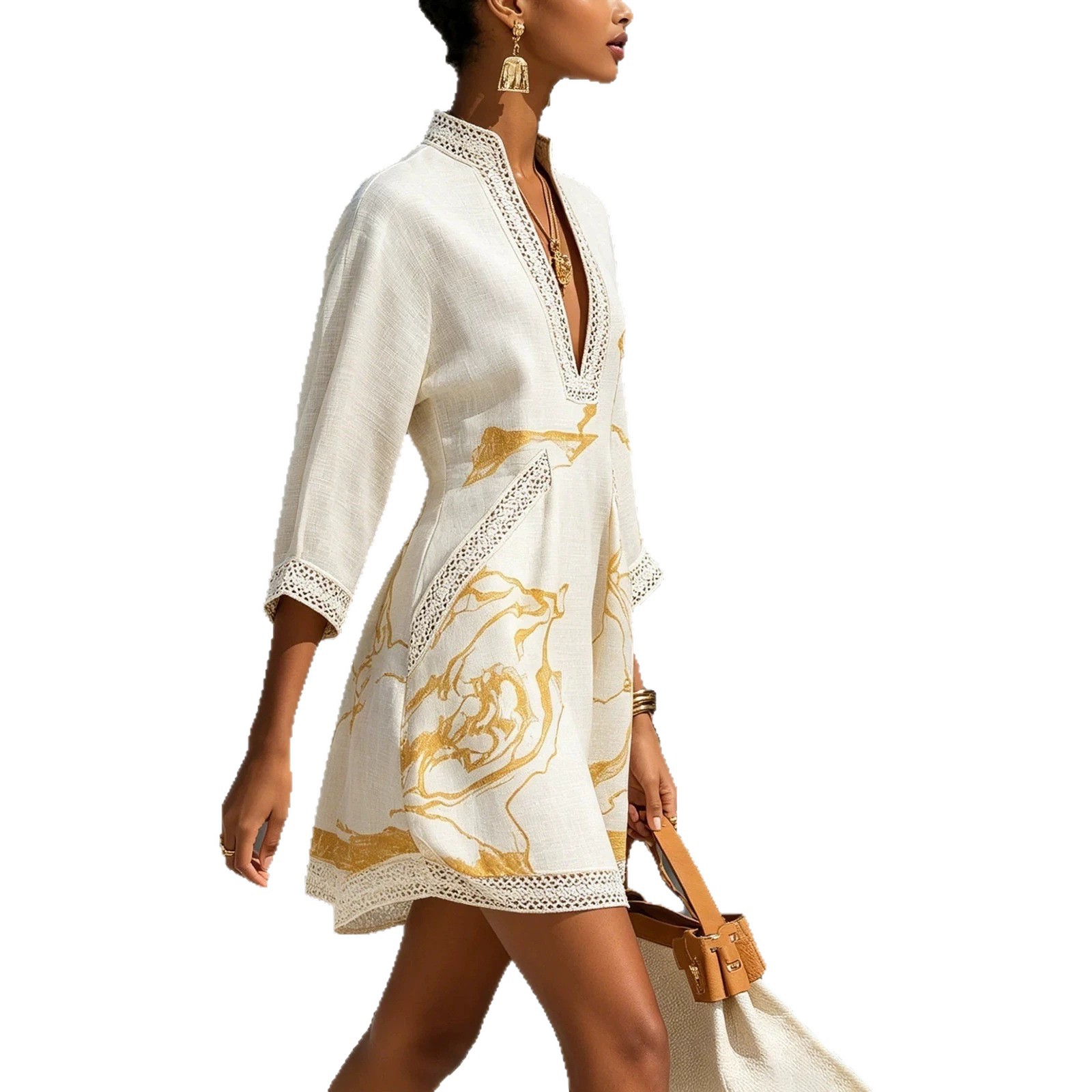 Gold Abstract Print V-Neck Lace Trim 3/4 Sleeve Loose Cotton-Blend Short Dress