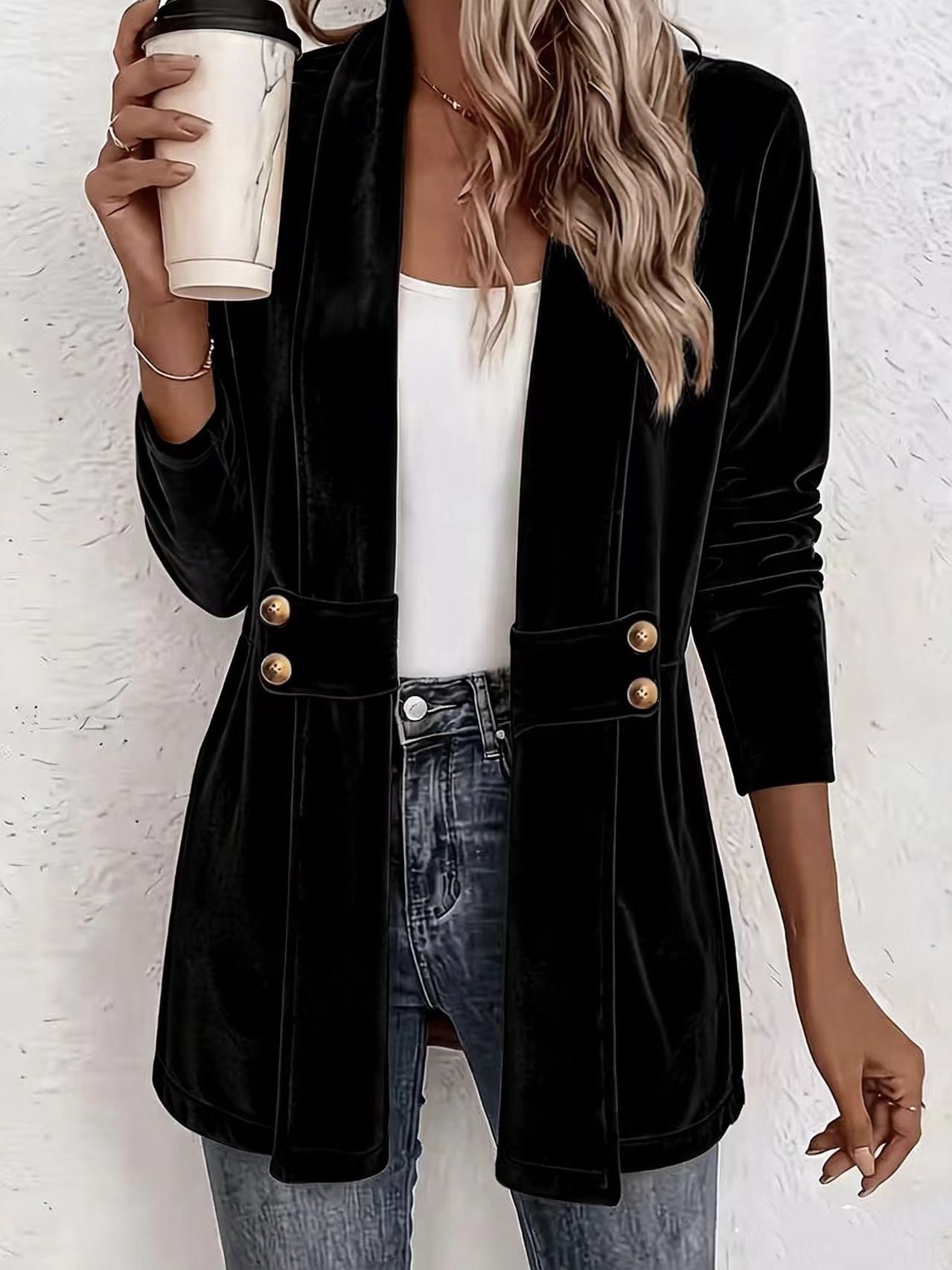 Women's Double-Breasted Gold Velvet Cardigan Lazy Style Mid-Length Top