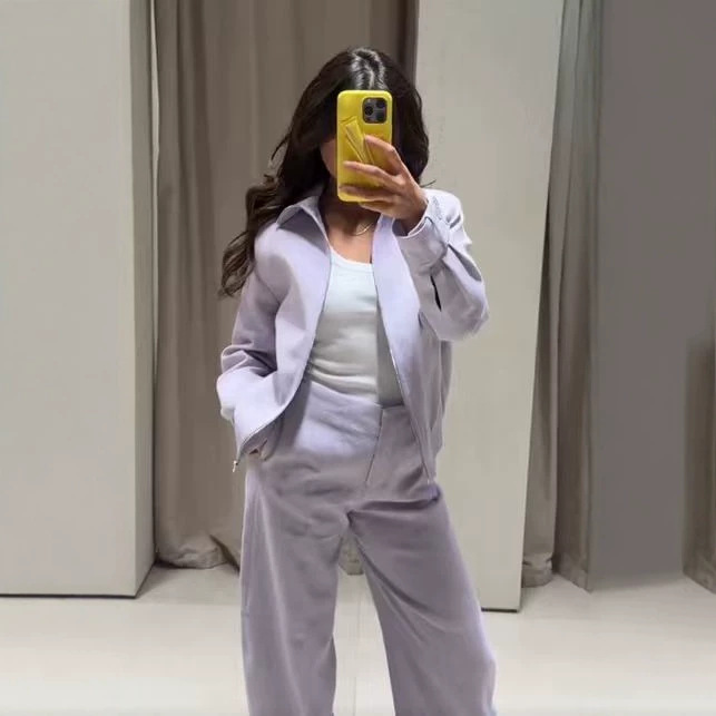 Women's Solid Color Jacket and Pants Set Casual Two-Piece Outfit