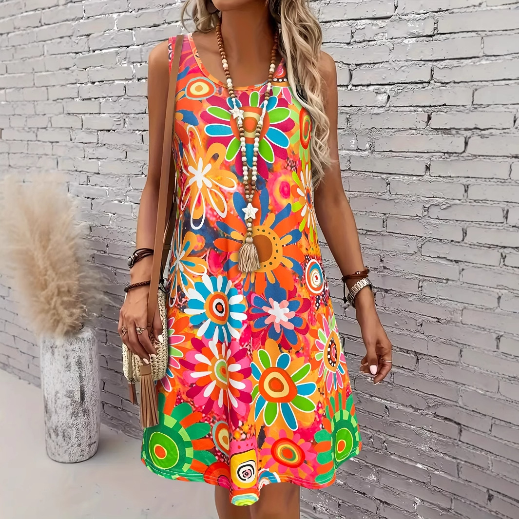 Women's Floral Print V-Neck Short Sleeve Casual Midi Dress
