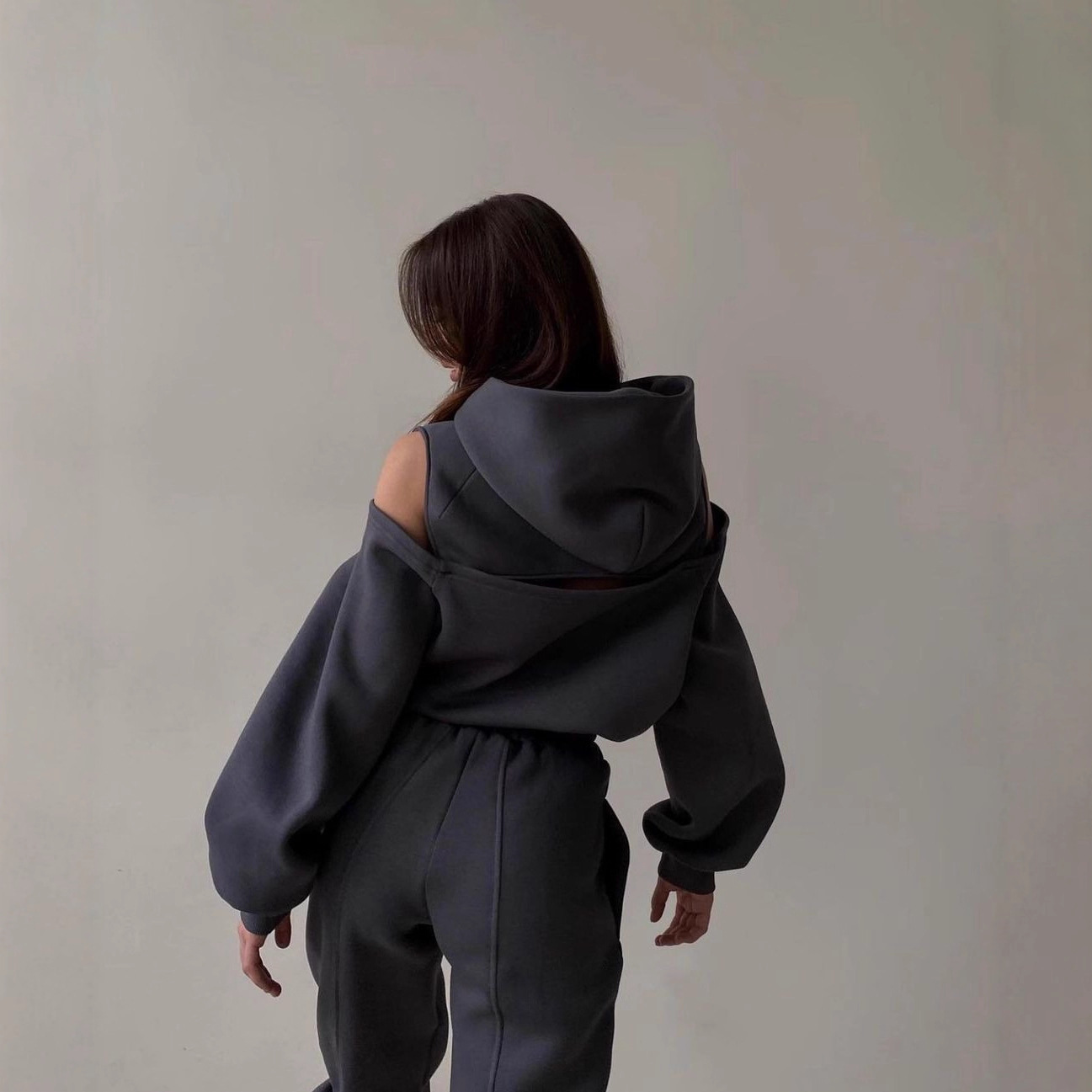 Solid Color Hooded Pullover Sweatsuit with Cold Shoulder Cutouts