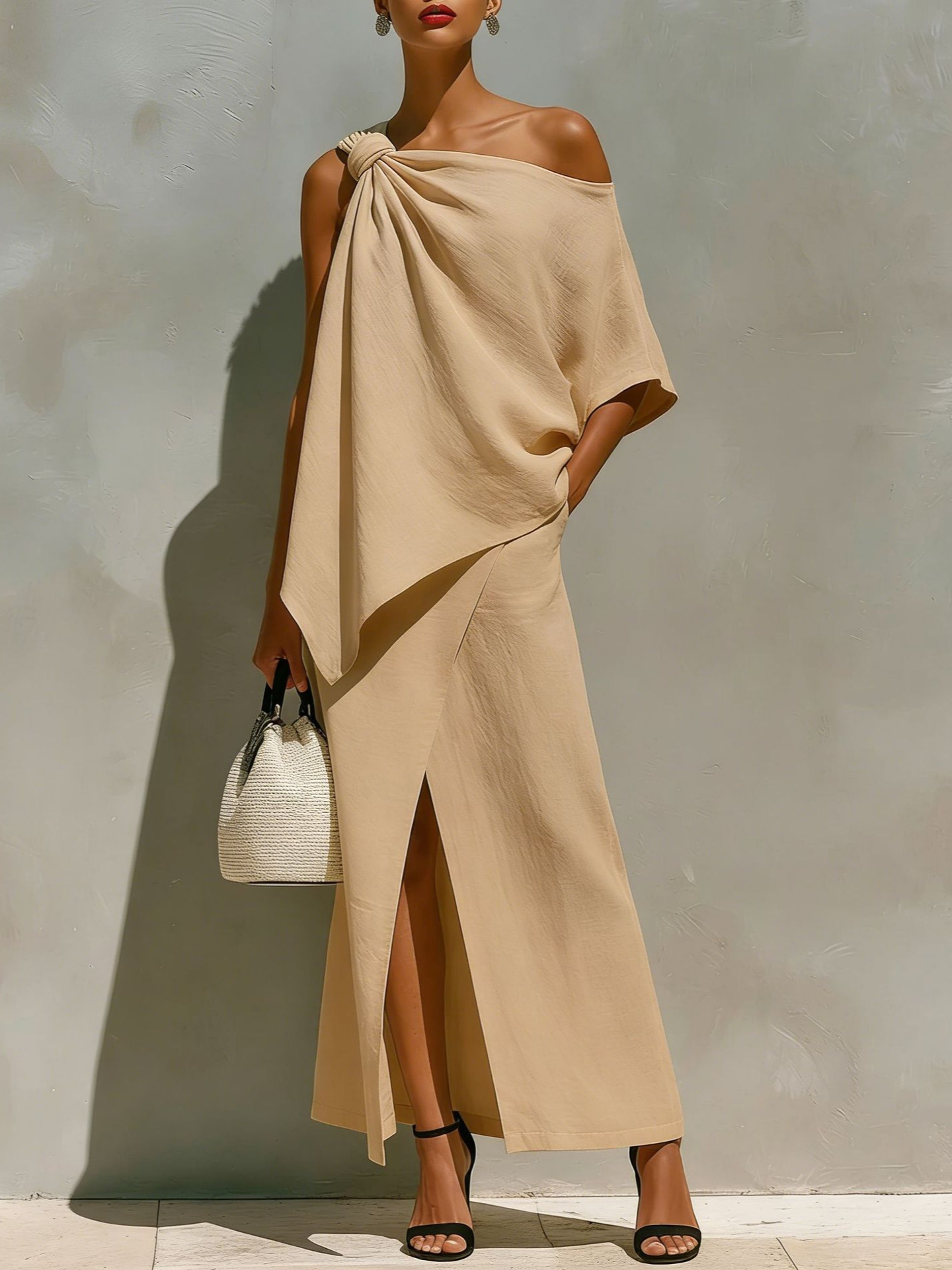 Women's Solid Color One-Shoulder Knot Front Slit Irregular Two-Piece Set
