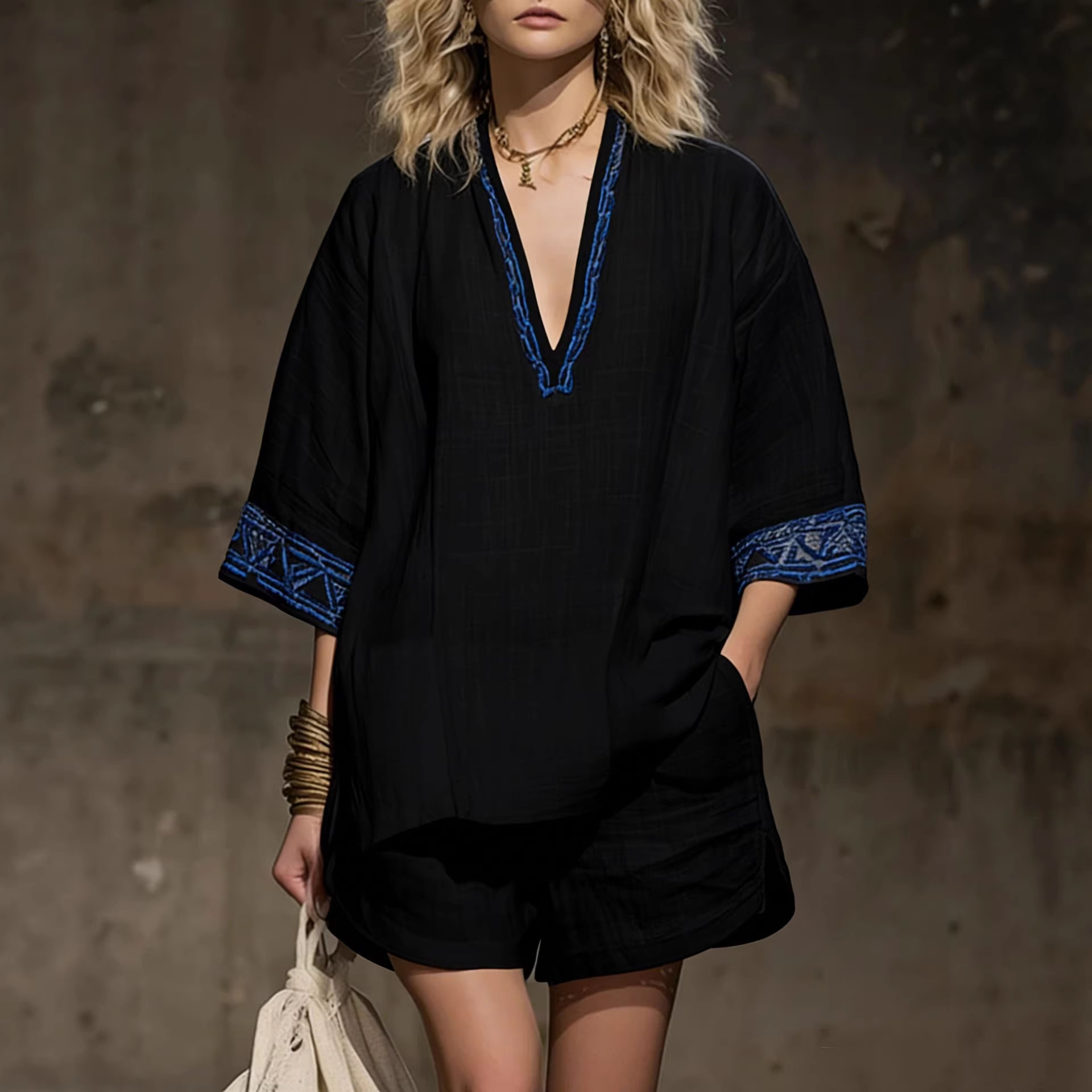 Bohemian Linen Print V-Neck Short Sleeve Shorts Women's Casual Set