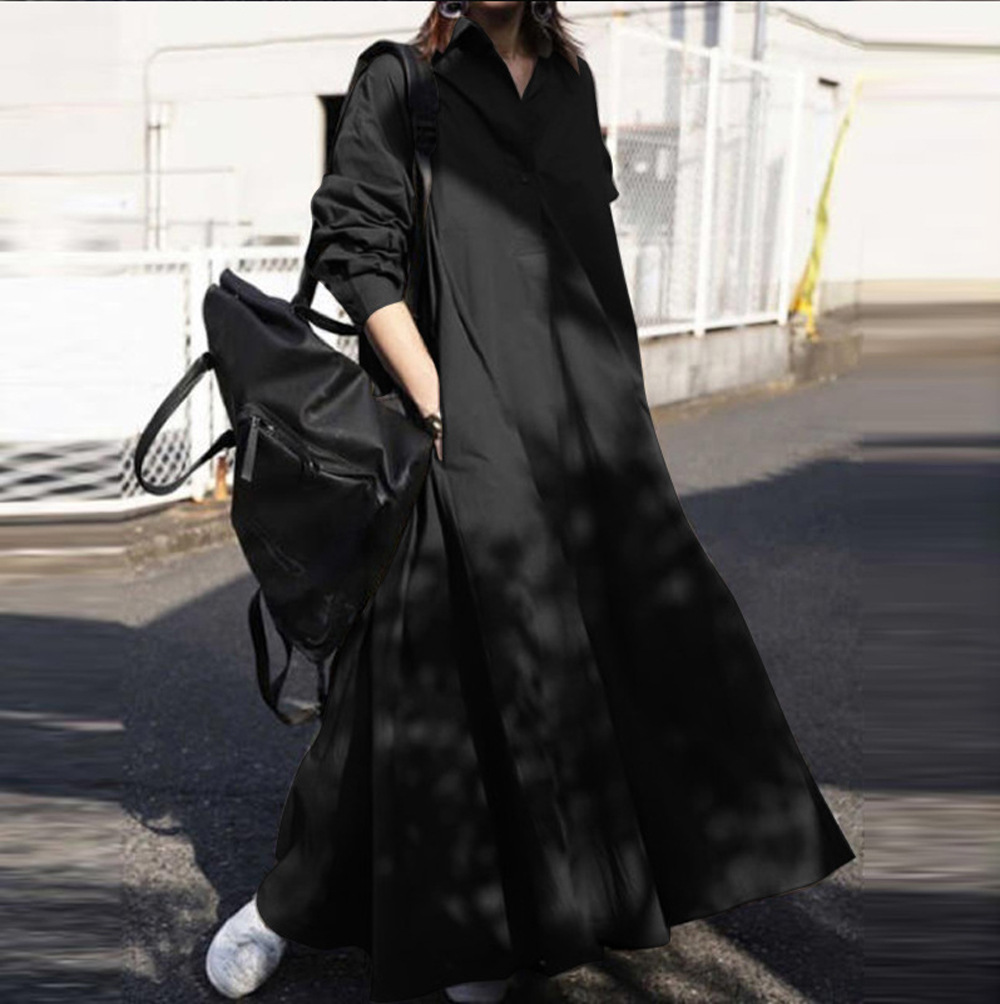 Women's Sweet Retro Long Sleeve Collared Loose A-Line Dress