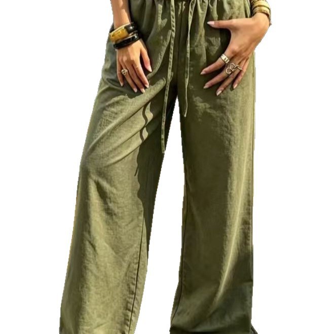 High-Waist Tie-Waist Wide-Leg Pants Women's Lightweight Drapey Casual Trousers