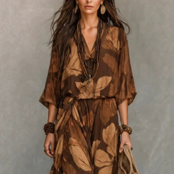Vintage Brown Large Leaf Print V-Neck Midi Sleeve Cinched Waist Asymmetric Flowy Maxi Dress