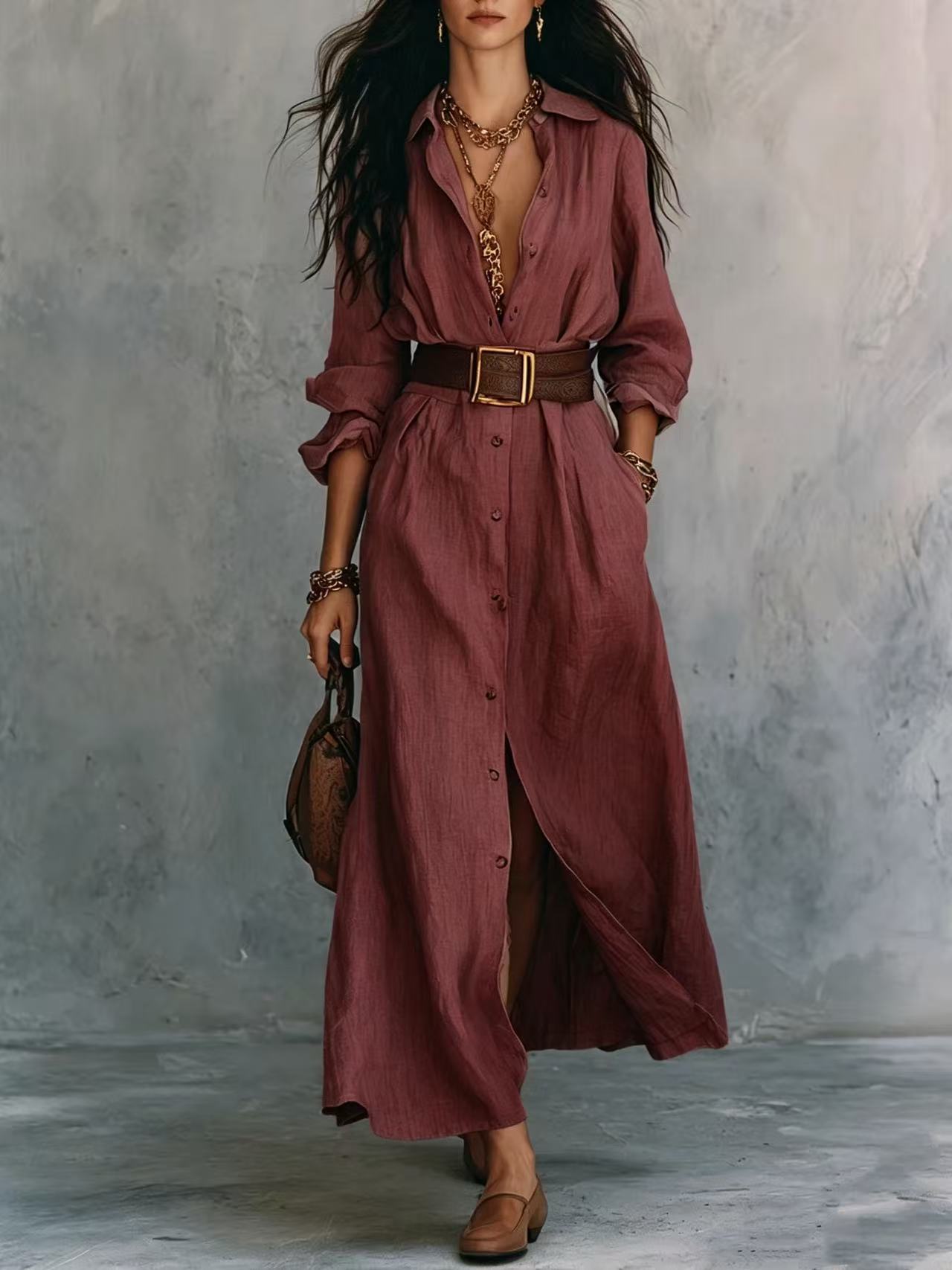 Collared Button-Front Slit Shirt Dress with Wide Belt