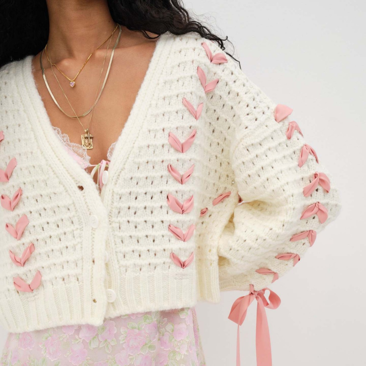 V-Neck Lace-Up Open Knit Cardigan Sweater Loose Casual Women's