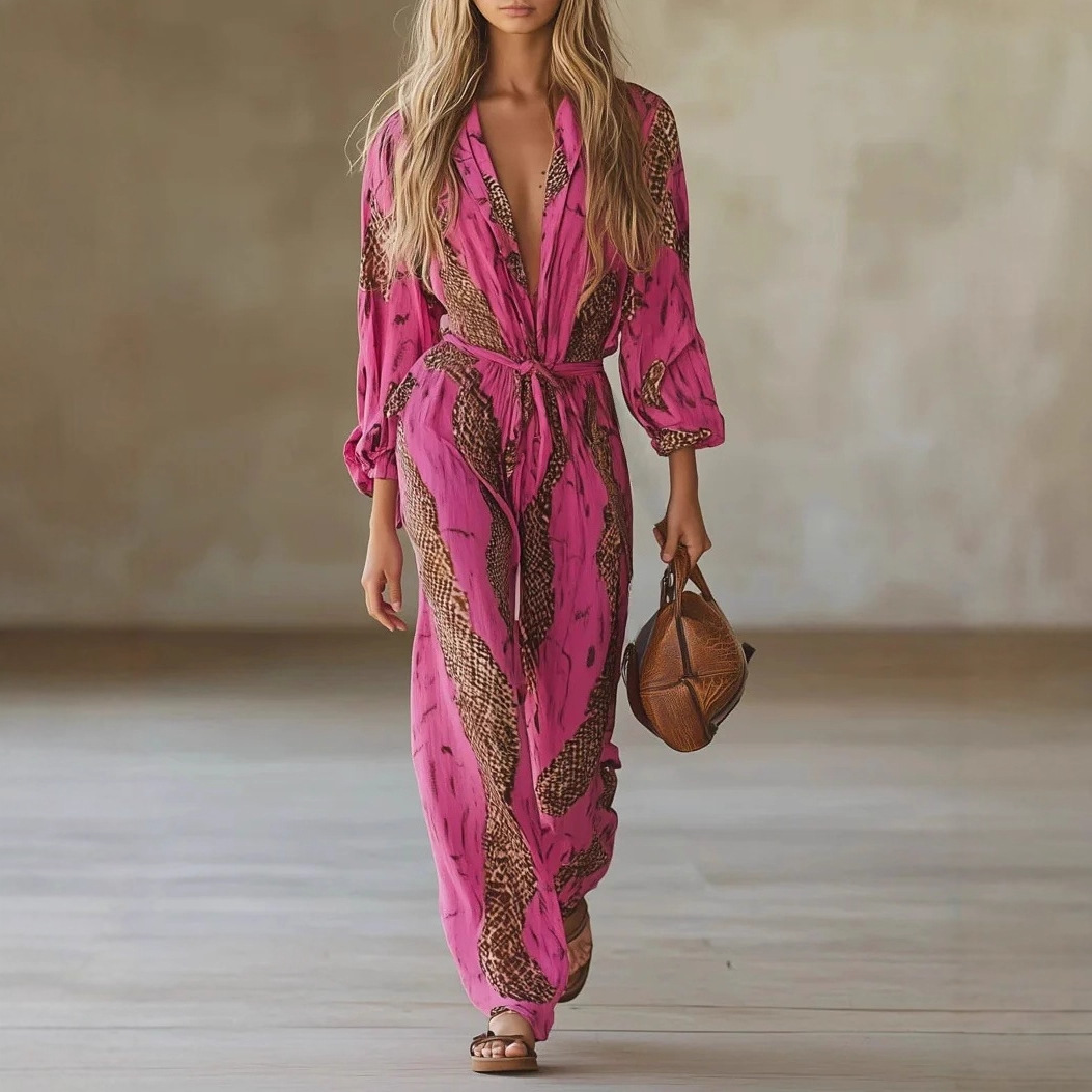 V-Neck Long Sleeve Digital Print Casual Jumpsuit
