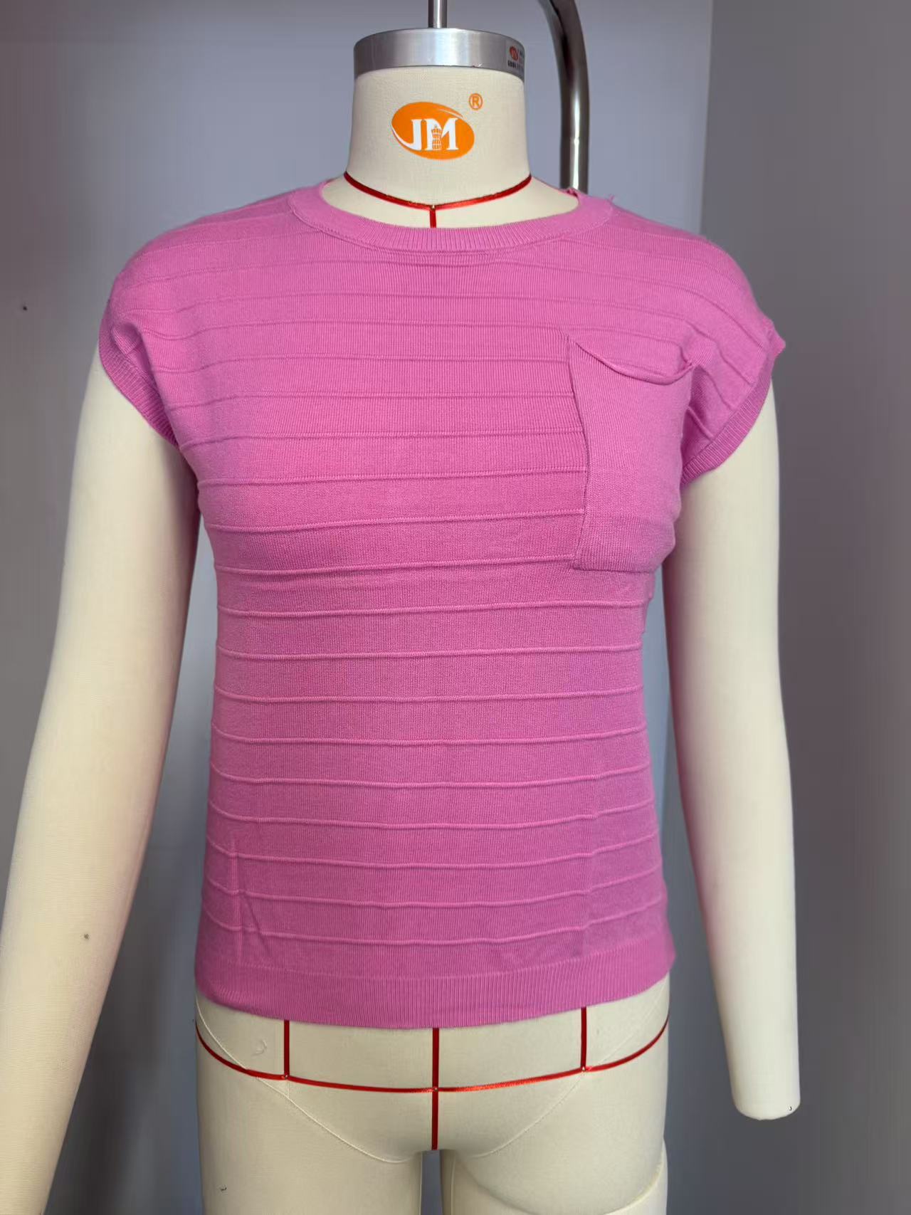 Striped Knit Pullover Sweater with Pockets Short Sleeve Crew Neck