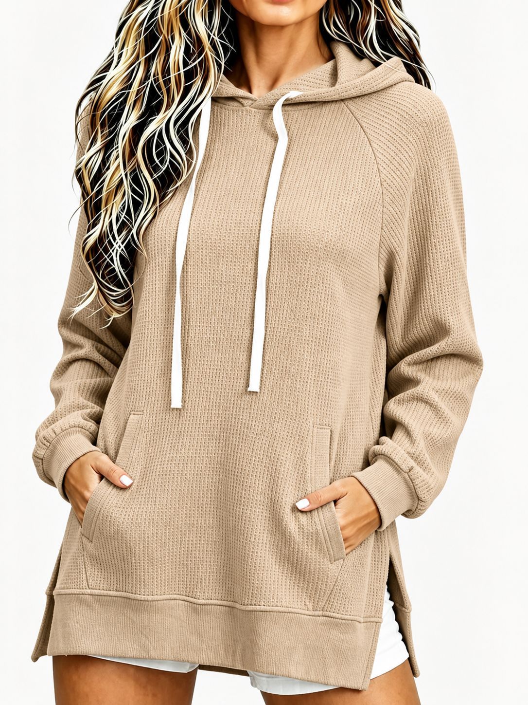 Women's Waffle Knit Hooded Sweatshirt Fall Winter New Loose Mid-Length Pullover with Pockets