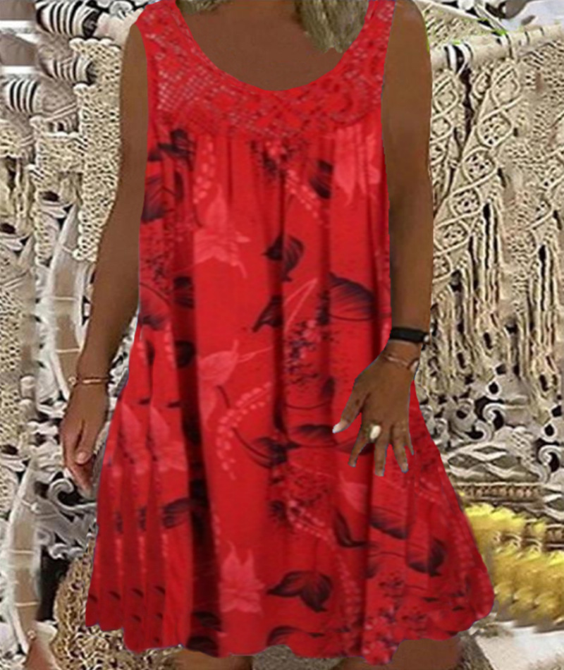 Women's Vintage Floral Butterfly Midi Dress Sleeveless Round Neck Slim Fit