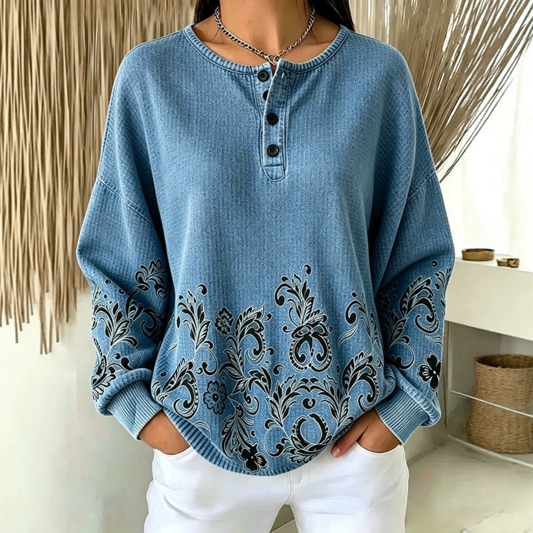 Women's Vintage Floral Print Button Sweatshirt