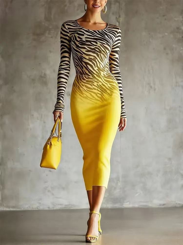 Gradient Zebra Print Long Sleeve Bodycon Midi Dress