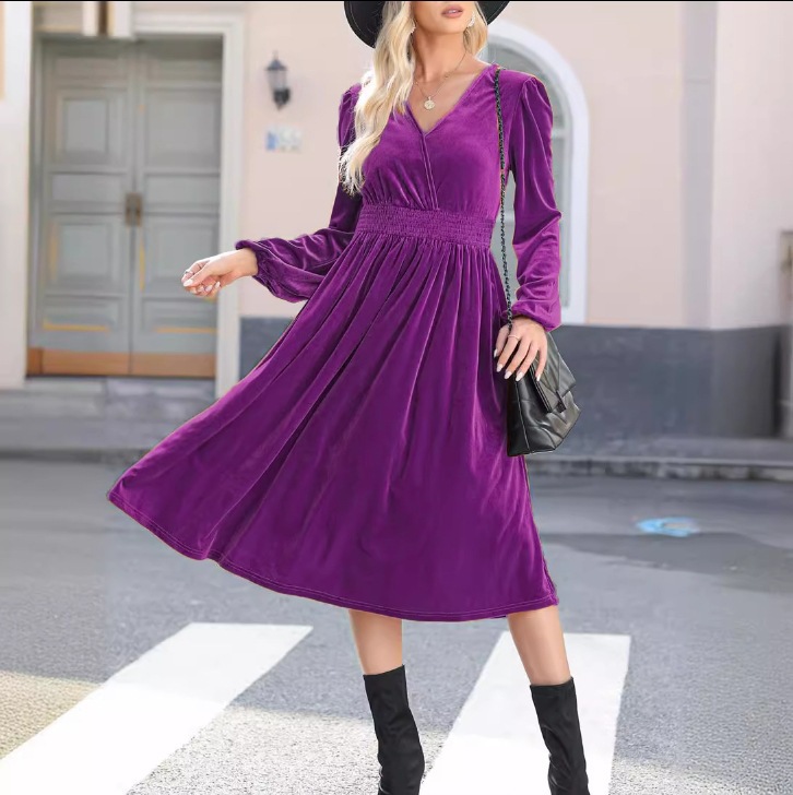 Solid Long Sleeve V-Neck Pleated High Waist A-Line Midi Dress