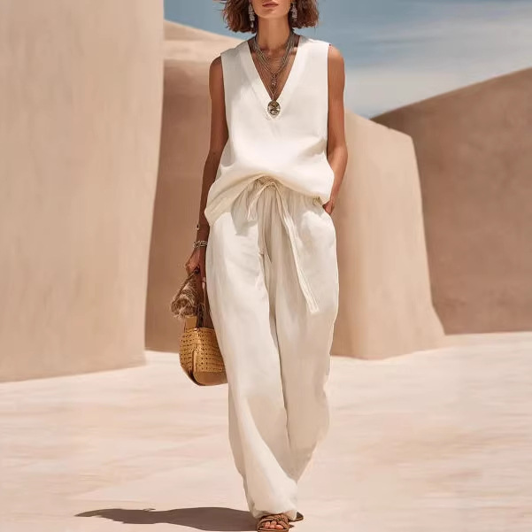 Women's Sleeveless Linen-Blend Tank Top and Wide-Leg Pants Set