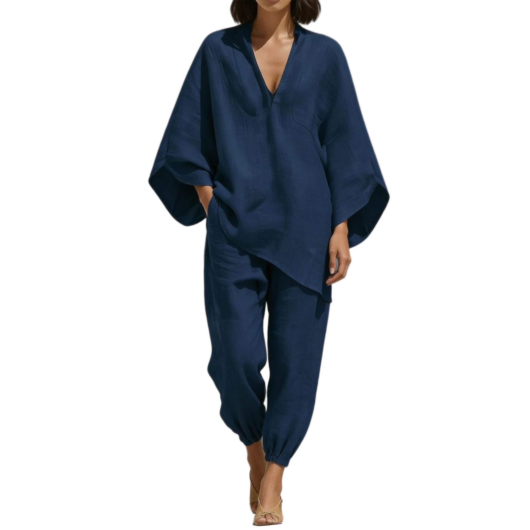 Women's Deep V-Neck Batwing Sleeve Loose Casual Two-Piece Set