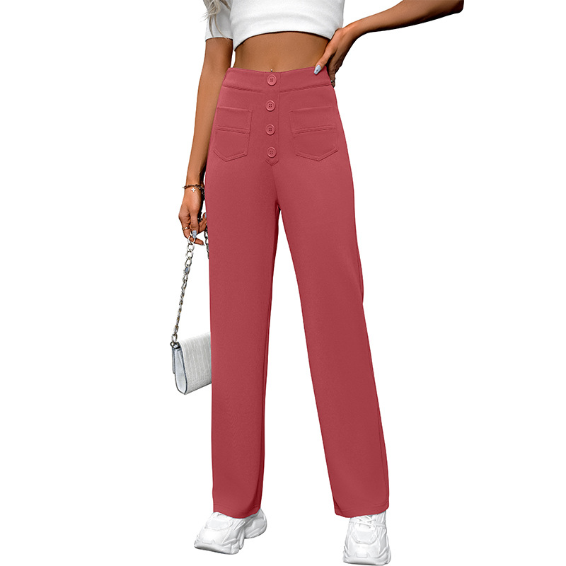 High-Waist Wide-Leg Button Pants with Pockets Casual Straight-Leg Trousers