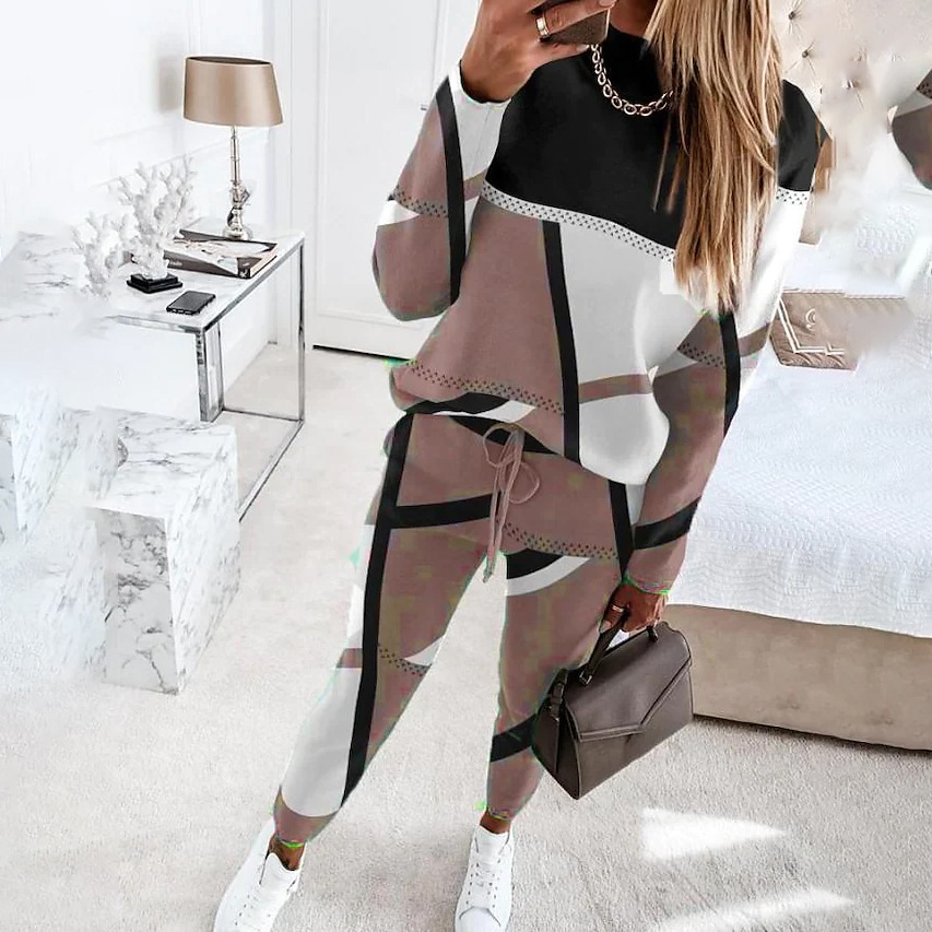Women's Two-Piece Colorblock Print Long-Sleeve Crewneck Casual Set