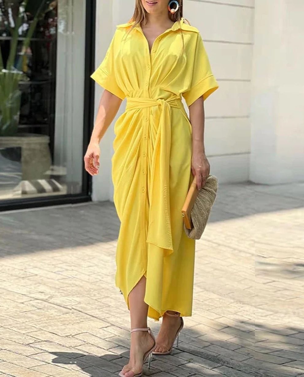 Floral Print Collared Short Sleeve High Waist Long Shirt Dress