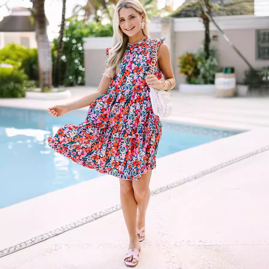 Women's Floral Print Tiered Dress with Ruffle Trim and Stand Collar
