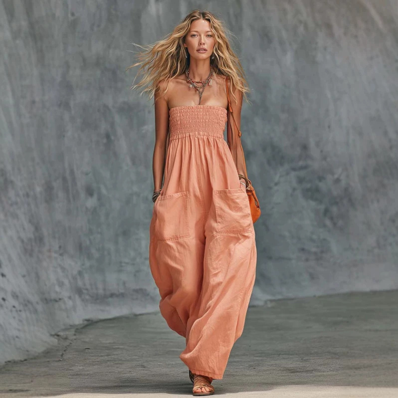 Strapless Orange-Pink Cotton Jumpsuit for Casual Vacation