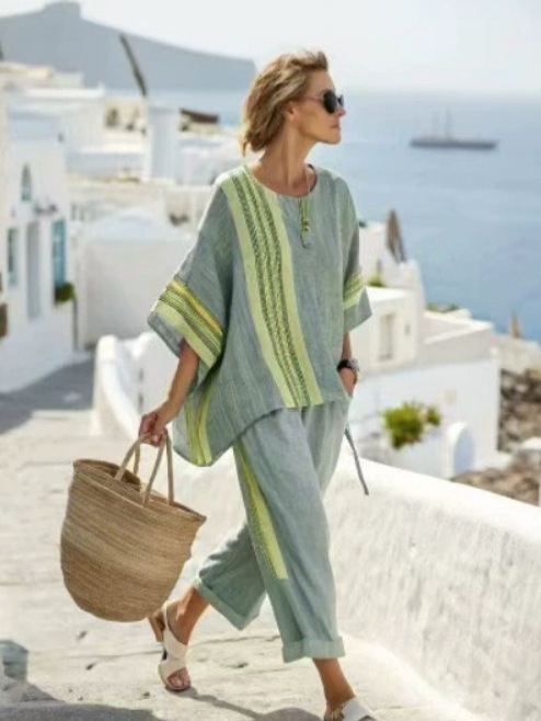 Striped Print Color-Block Mid-Sleeve Round Neck Top and Straight Pants Casual Set