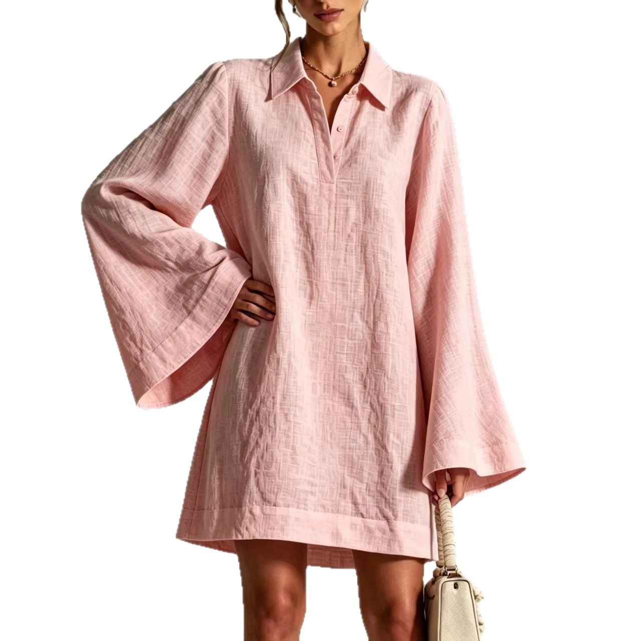 Women's Solid Color Flare Sleeve Dress with Lapel Collar, Loose Casual Midi