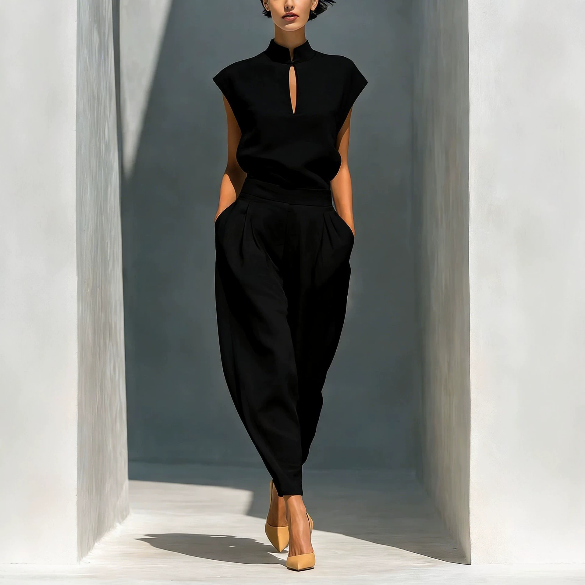 Elegant Women's Stand-Collar Cutout Top and High-Waist Barrel Pants Set