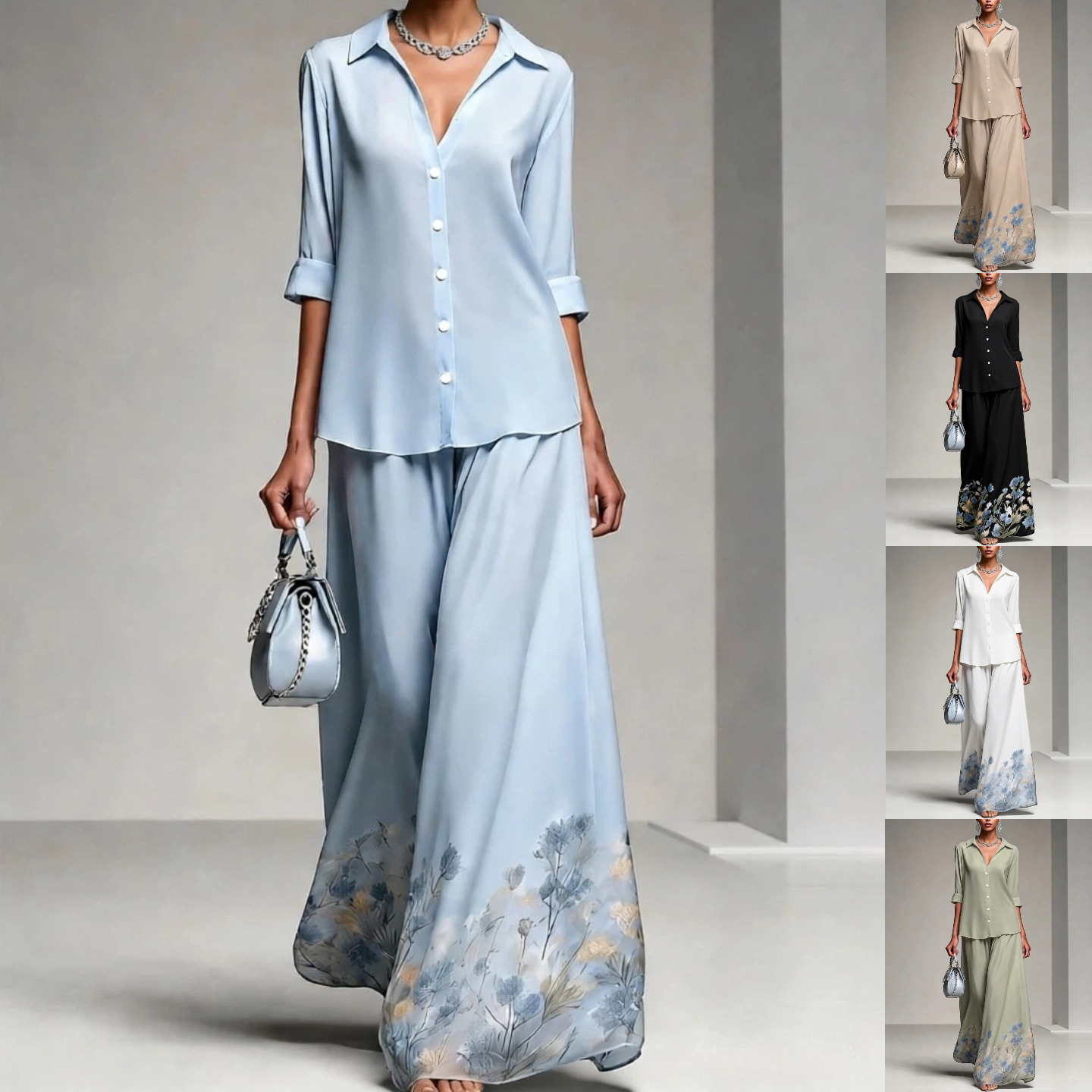 Floral Print Shirt and A-Line Midi Skirt Set with Collar and 3/4 Sleeves