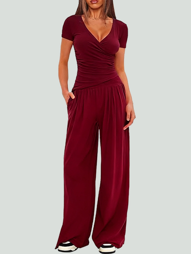 Women's Wide-Leg Pants Set Long Sleeve Solid Color Two-Piece Outfit
