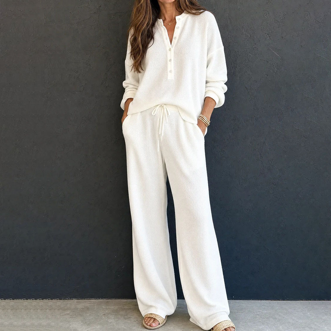 Women's Waffle Knit Long Sleeve Shirt and Pants Set Solid Color Loungewear