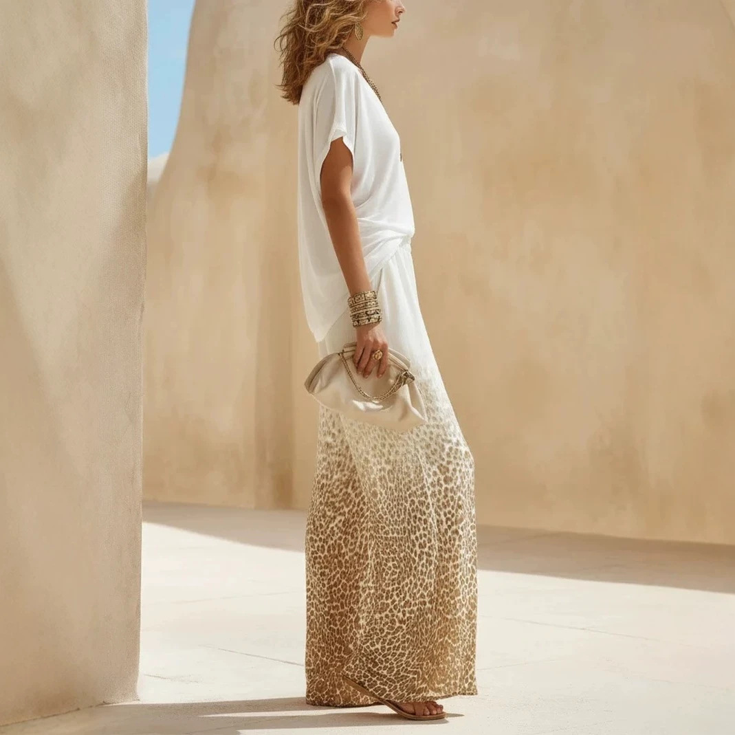 Women's V-Neck White Top and Gradient Leopard Wide-Leg Pants Two-Piece Set