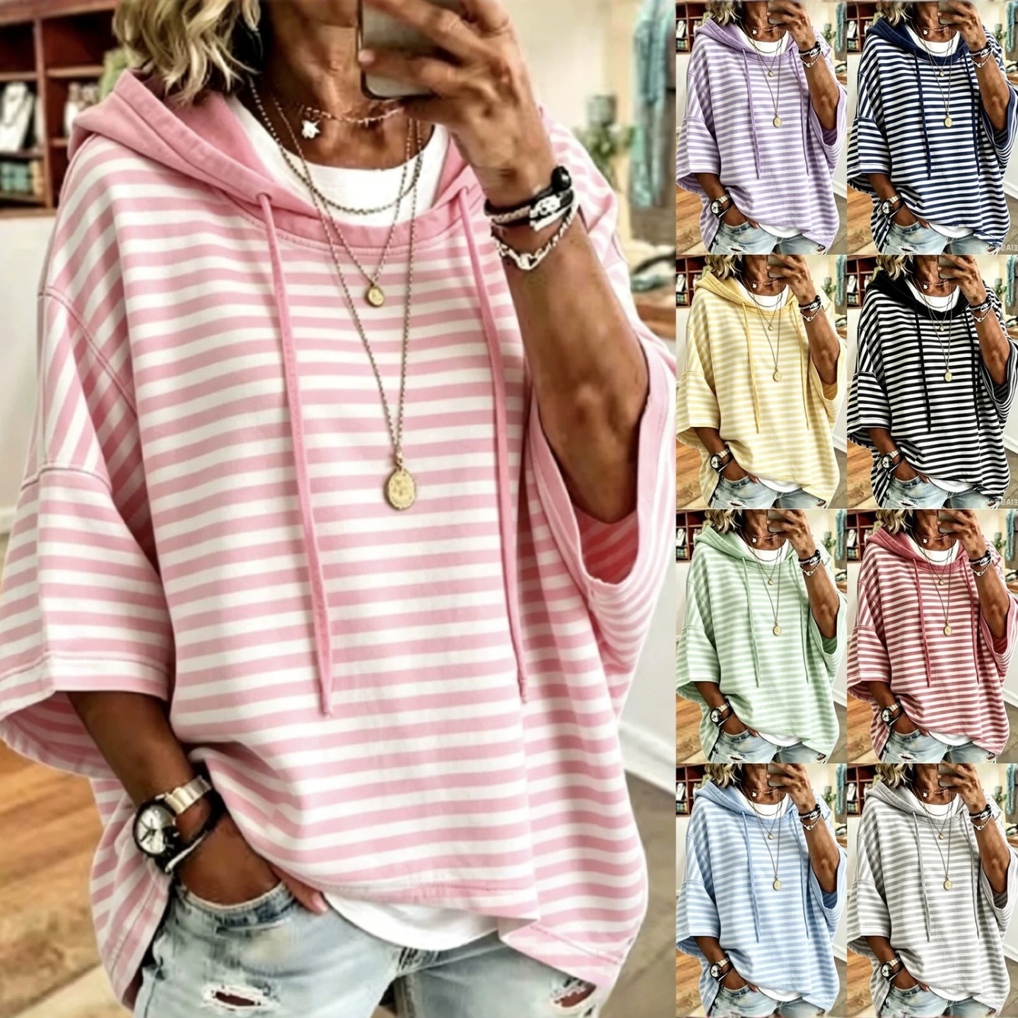 Women's Loose Striped Hooded 3/4 Sleeve Pullover Hoodie