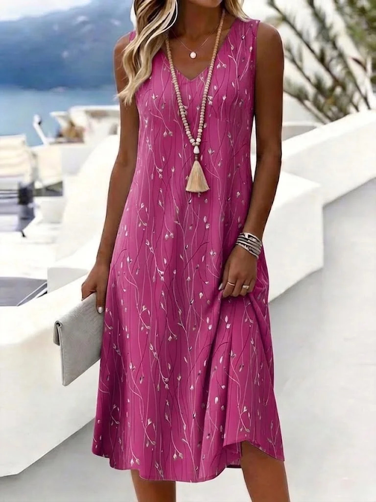 Women's Sleeveless V-Neck Floral Print A-Line Midi Dress